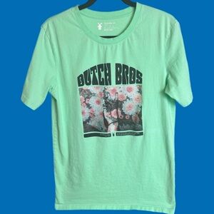 Dutch Bros unisex t-shirt, teal Peace Sign/Flower size M